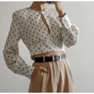 ZARA Satin Blouse Top Women Sz XL Crop Deep V Shoulder Pads Feminine Puff Sleeve